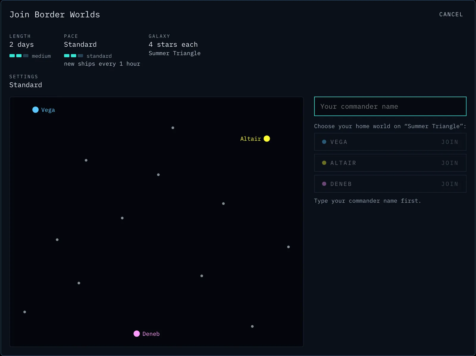The home-world picker on a saved-map game.