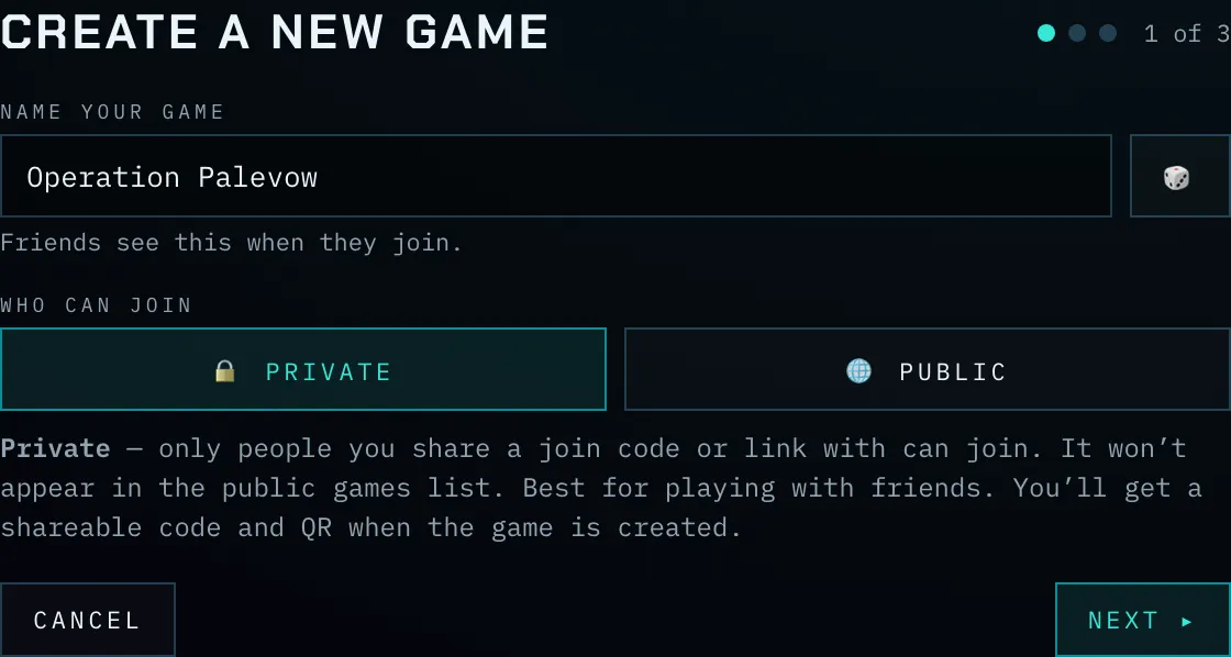 The "Create a new game" wizard.