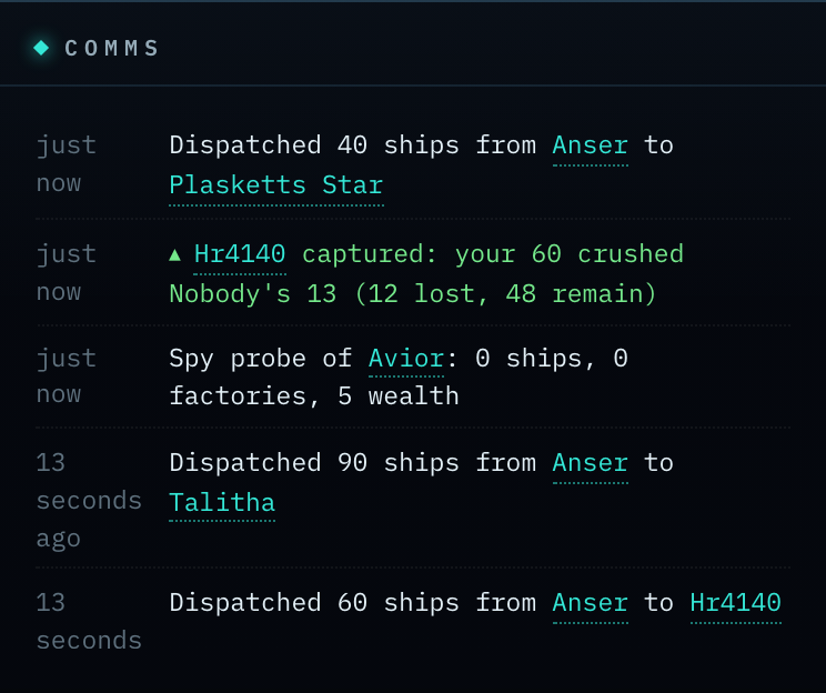 A battle report in the Comms feed.