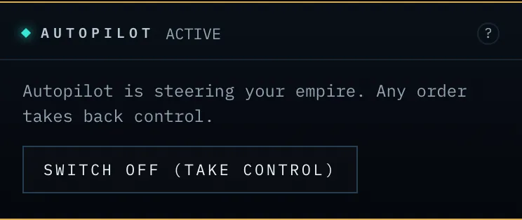 The panel while the autopilot is driving you: Switch off (take control) releases it at once.